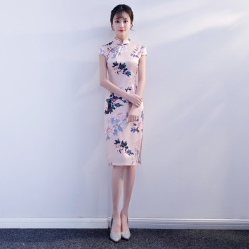 Cap sleeve mandarin collar printed floral cheongsam chinese dress