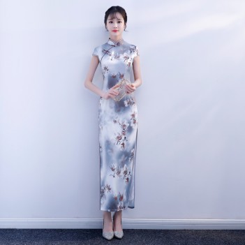 Cheongsam full length floral satin Chinese dress