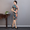 Black satin folk bird floral printed short sleeve Chinese dress