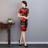 Black and red satin folk bird floral printed short sleeve Chinese dress