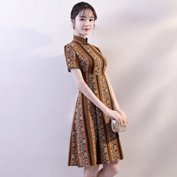 Cap sleeve mandarin collar short  linen Chinese dress