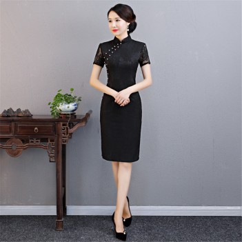 Vintage black lace short sleeve Chinese sheath dress