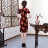 Floral print short black mandarin collar summer dress