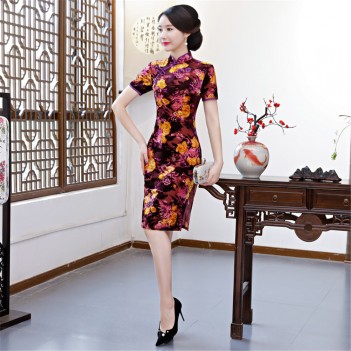 Floral print short black mandarin collar summer dress