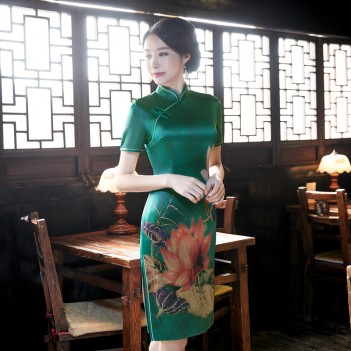 Knee length lotus pattern silk blend cheongsam evening dress