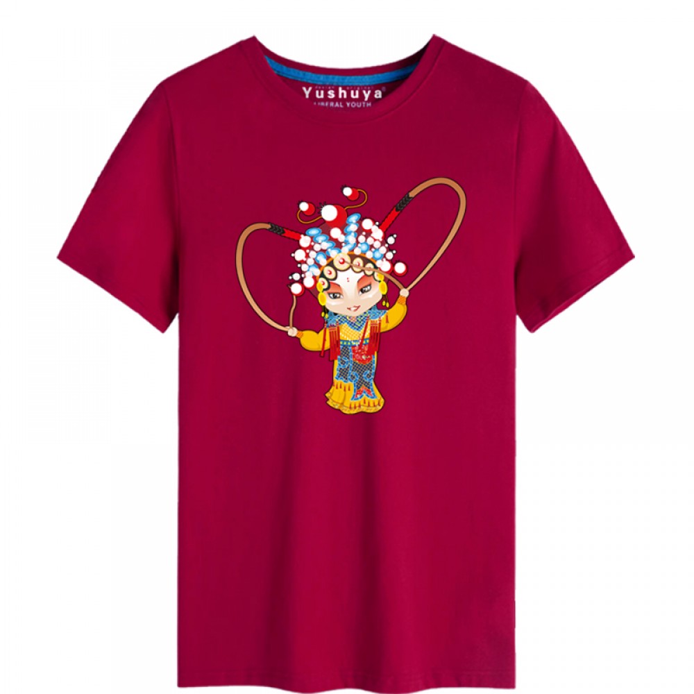 Hu San Niang Peking Opera Chinese style creative Wine Red T-shirt Unisex