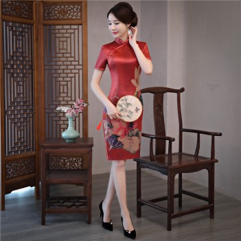 Knee length lotus pattern silk blend red cheongsam evening dress