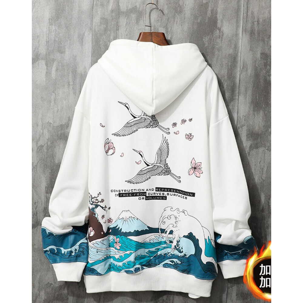 Chinese style crane couple sweater hooded white