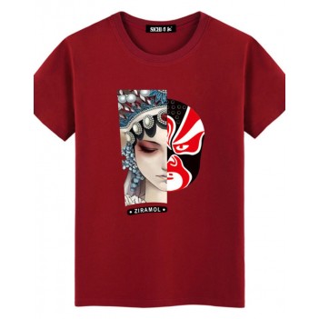 Chinese style facial makeup Beijing opera T-shirt wine red