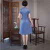Cheongsam knee length blue floral satin Chinese dress