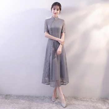 Short sleeve tea length classic lace cheongsam Chinese dress