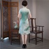 Knee length lotus pattern silk blend green cheongsam dress