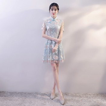 Short sleeve knee length cheongsam Chinese dress with floral lace