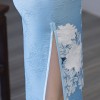 Knee length blue cheongsam floral Chinese dress