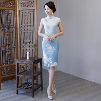 Knee length blue cheongsam floral Chinese dress
