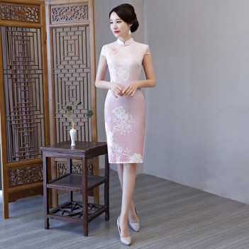 Knee length cheongsam pink floral Chinese dress