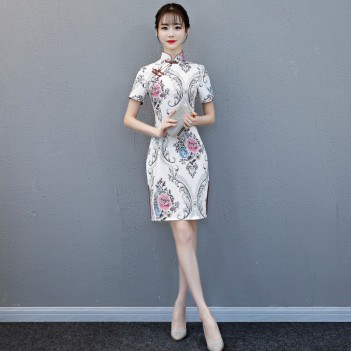 Knee length floral silk blend cheongsam Chinese dress