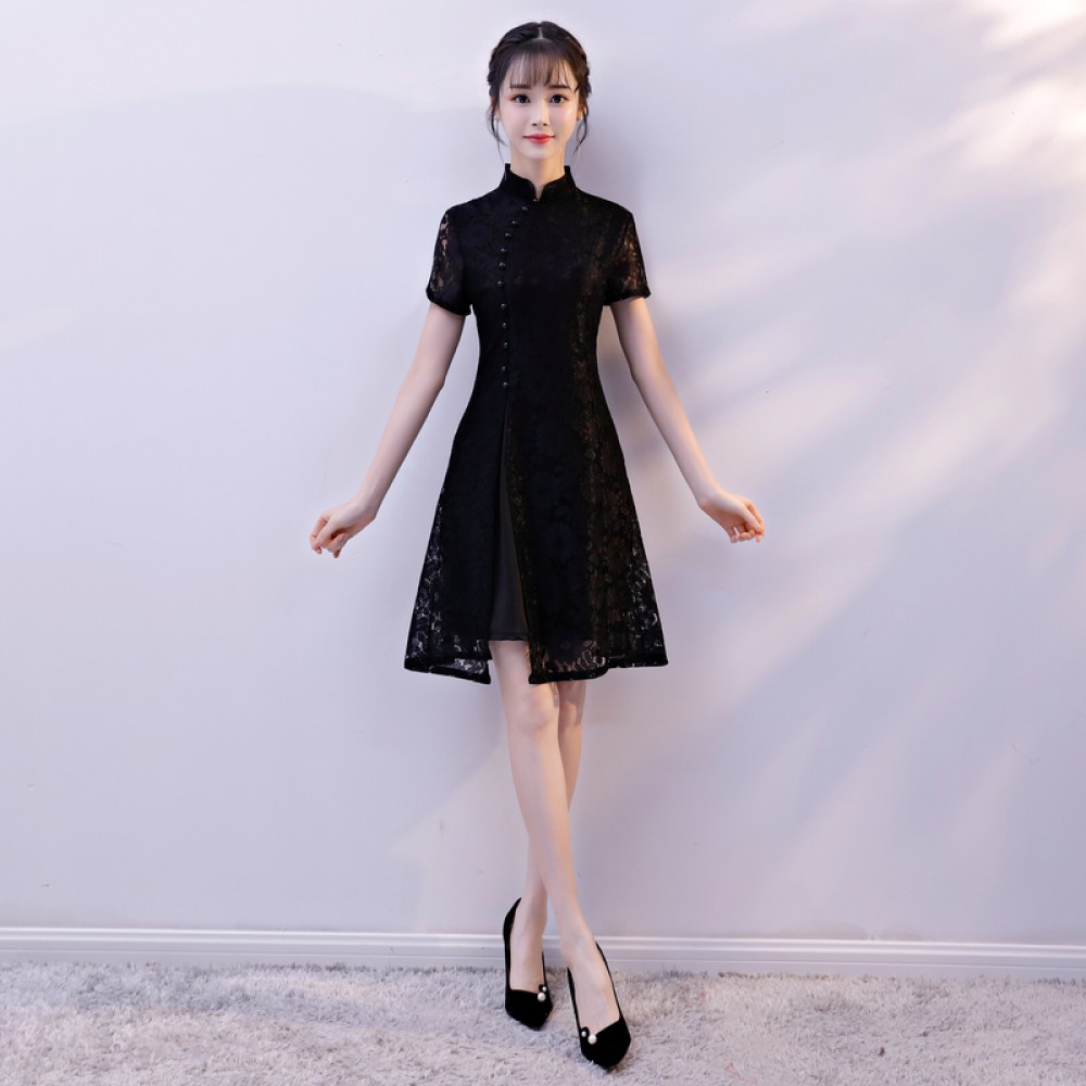 Cheongsam knee Length black floral two-piece dress