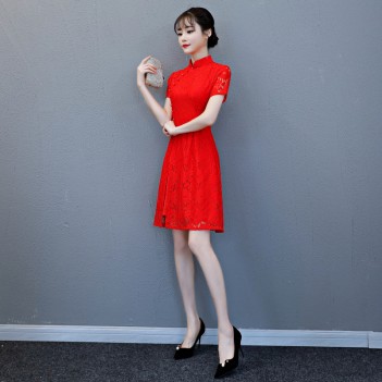 Cheongsam knee length red floral two-piece dress