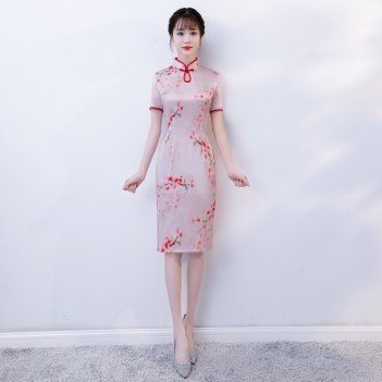 Multi color floral printed pink mandarin collar dress