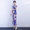 Full length blue floral silk blend cheongsam Chinese dress with strap buttons