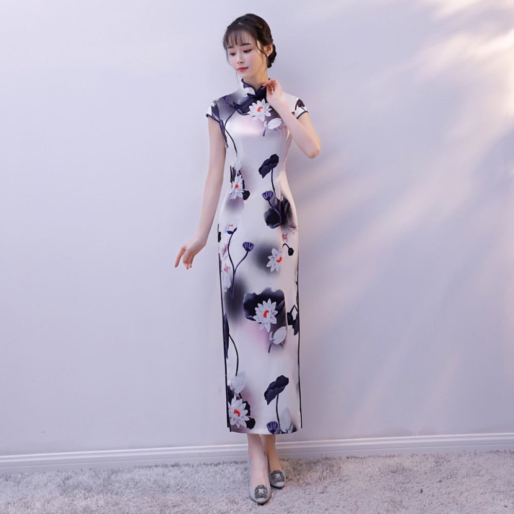 Full length lotus silk blend cheongsam Chinese dress
