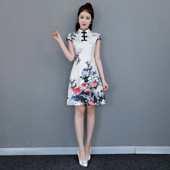 Knee length floral silk blend Cheongsam short Chinese dress