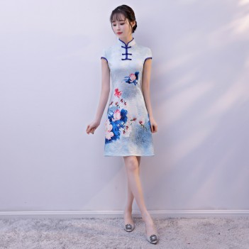 Knee length blue silk blend cheongsam Chinese dress