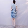 Knee length silk blend blue cheongsam Chinese dress