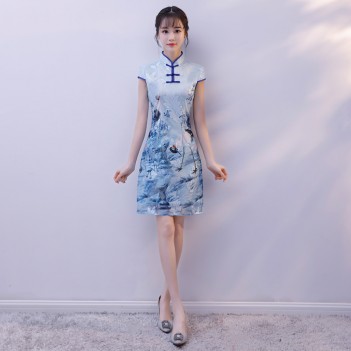 Knee length silk blend blue cheongsam Chinese dress