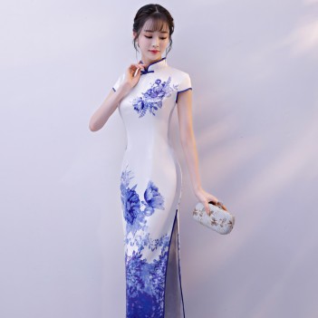 Cap sleeve mandarin collar blue peony flroal Chinese dress