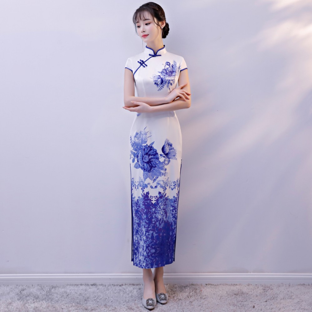 Cap sleeve mandarin collar blue peony flroal Chinese dress