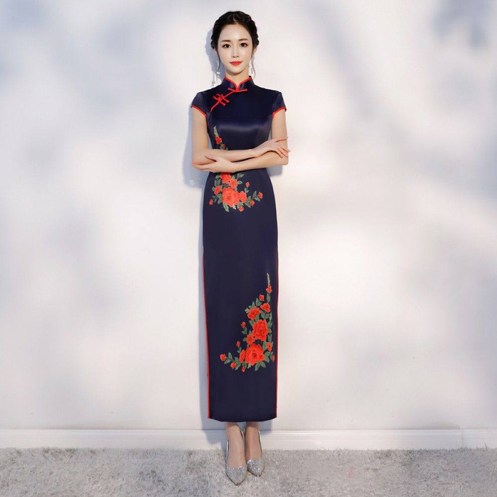 Full length cap sleeve dark blue cheongsam evening dress with floarl embroidery