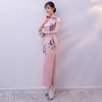 Cap sleeve mandarin collar light peach Chinese dress