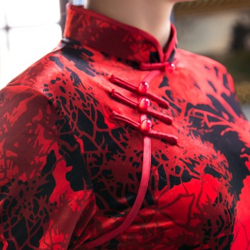 Half sleeve red floral velvet cheongsam Chinese dress