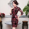 Floral print half sleeve knee length velvet cheongsam Chinese dress