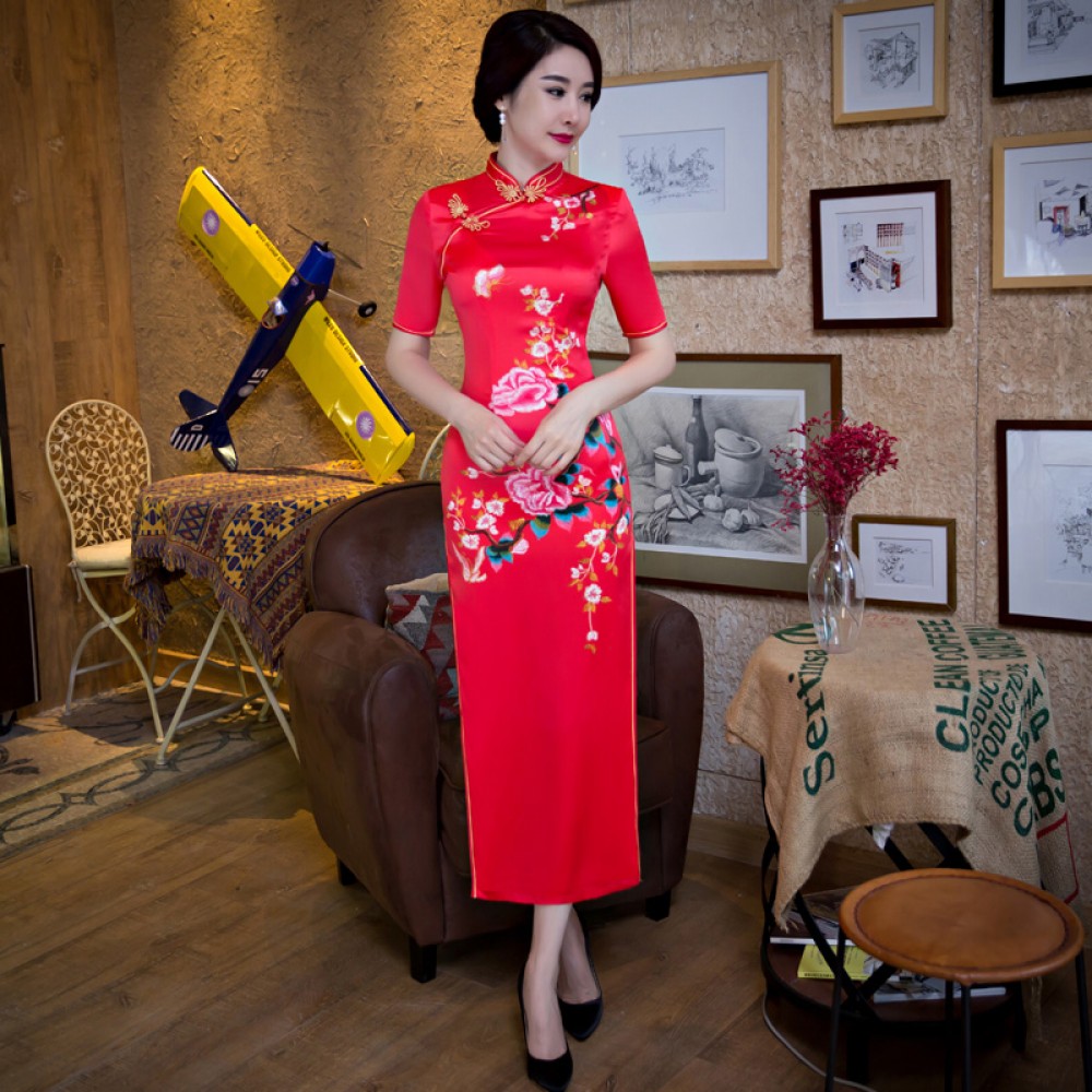 Half sleeve tea length floral cheongsam Chinese dress