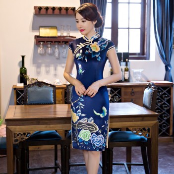Cap sleeve mandarin collar blue short Chinese summer dress