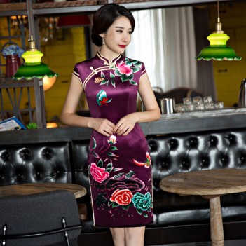 Cap sleeve mandarin collar short purple red Chinese summer dress