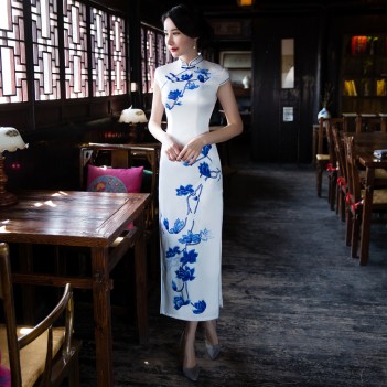 Cap sleeve tea length cheongsam Chinese dress with floral printed