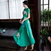 Cheongsam Full Length lotus printed green floral two-piece dress