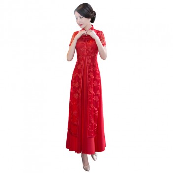 Cheongsam full length red floral two-piece dress