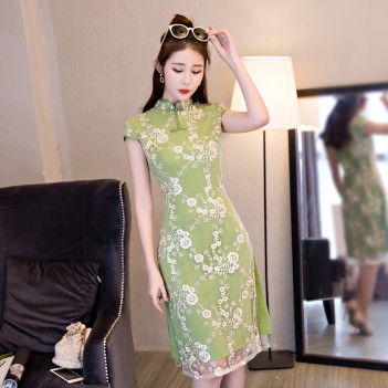 Cheongsam knee length green matcha green floral two-piece dress