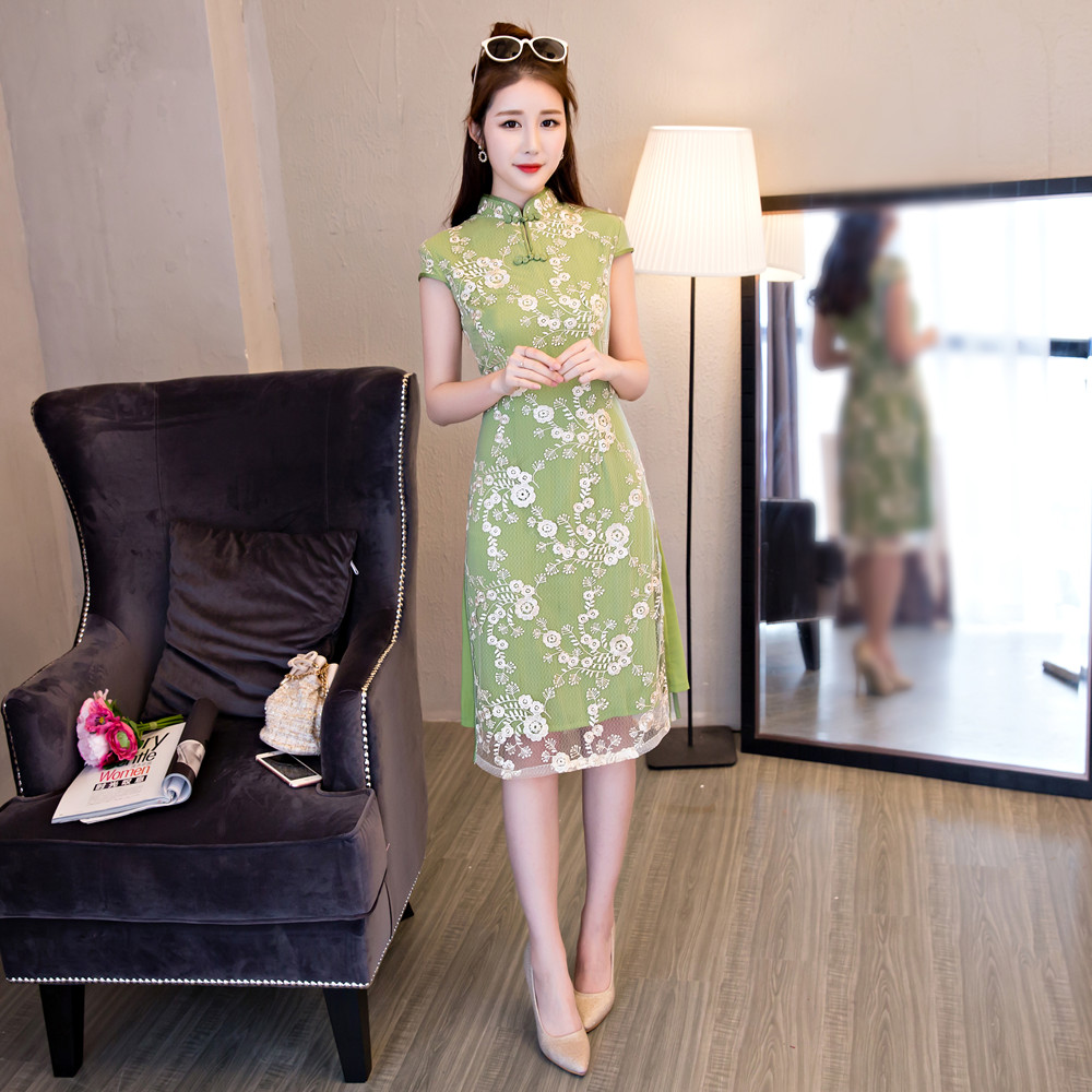 Cheongsam knee length green matcha green floral two-piece dress