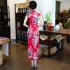 Full length red floral rayon cheongsam Chinese dress with strap buttons