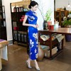 Cap sleeve tea length blue floral cheongsam Chinese dress