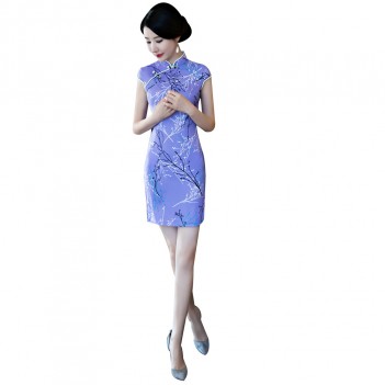 Purple cap sleeve knee length cheongsam Chinese dress