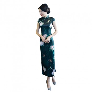 Floral printed traditional green Chinese sheath dress