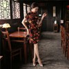 Floral embroidery short sleeve knee length velvet cheongsam Chinese dress