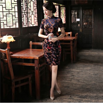Illusion neck cap sleeve velvet cheongsam Chinese dress